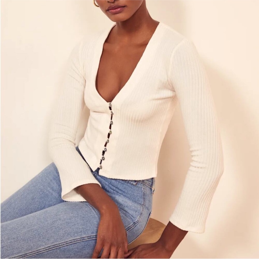 Reformation White Ribbed Button-Up Top - Gellar Top